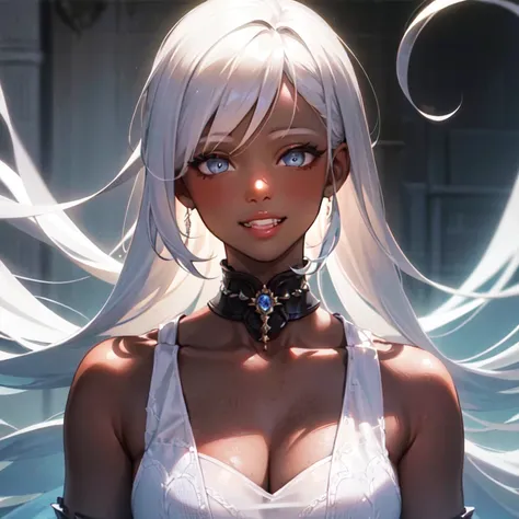 ((masterpiece)), (best quality), 1girl, sfw, black skin, dark skin, darkest skin, smiling, white teeth, white hair, burning city on background, detailed background, (masterpiece, sidelighting, finely detailed beautiful eyes: 1.2), masterpiece*portrait, realistic, 3d face, lustrous skin, racism, slave, beautiful, adult woman,