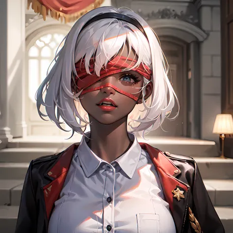 ((masterpiece)), (best quality), 1girl:1.3, sfw, black skin, dark skin, darkest skin, mad face, white teeth, white hair, detailed background:1.1, communist flag:1.2 (masterpiece, sidelighting, finely detailed beautiful eyes: 1.3), masterpiece*portrait, realistic, 3d face, lustrous skin, racism, slave, beautiful, adult woman, communism:1.3, blindfolded, missing arm, short hair