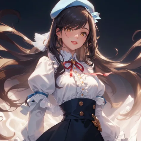 Photo, upper body bust shot, close up,
1girl, (( long hair with bangs, black colored hair)),
(masterpiece, sidelighting, finely detailed beautiful amber yellow eyes: 1.2),  best quality, hyper detailed, highres, ultra detialed, extremely detialed, intricate detials, 8k, hiqcg, high definition, extremely delicate and beautiful, 8k wallpaper, Amazing, finely detail,official art,extremely detailed CG unity 8k wallpaper, 3d face, perfect face, realistic, lustrous skin,  perfect skin, show Clavicle, (adult face:1.2), smile precure, Beautiful, pretty, beautiful detailed face, young lady, girlface, (maiden),  (medium_breasts:1.3), 
 (((white blue Long-Sleeve Claudine Collar Frilled Blouse:1.2)), ((blue High-Waist fluffy Skirt:1.2))), (((cute classy beret with ribbon:1.2))), floating hearts, 
cityscape, platform, coffe shop,