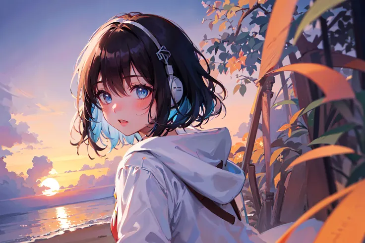 (masterpiece,finely detailed beautiful eyes: 1.2),(no lineart:1.2),1girl,backlighting,looking back,blue hair,bob cut,white hoodie,headphone,sky,sunset,beach,