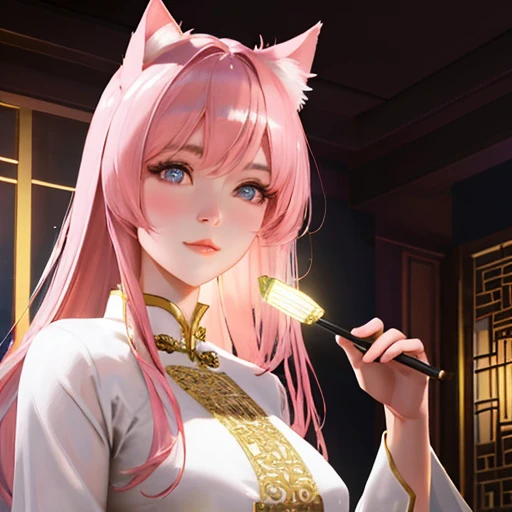 masterpiece, sidelighting, finely detailed beautiful eyes: 1.2),intricate, elegant, highly detailed, digital painting, artstation, concept art, smooth, sharp focus, illustration,(realistic), (3d face), glowing eyes, shiny hair, lustrous skin, solo, embarassed,upper body, pink hair, cat ears, animal ears, chinese, pink clothing