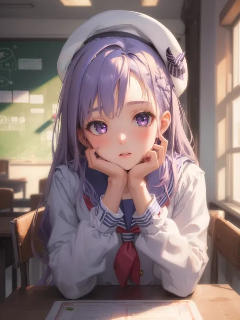 (best quality:1.4), highres, masterpiece, ultra detailed, realistic, 1girl, (light purple hair:1.1), medium breasts, (beret:1.2), hairpins, (sailor suit:1.2), classroom, detailed face, 3d face, (portrait:1.0)