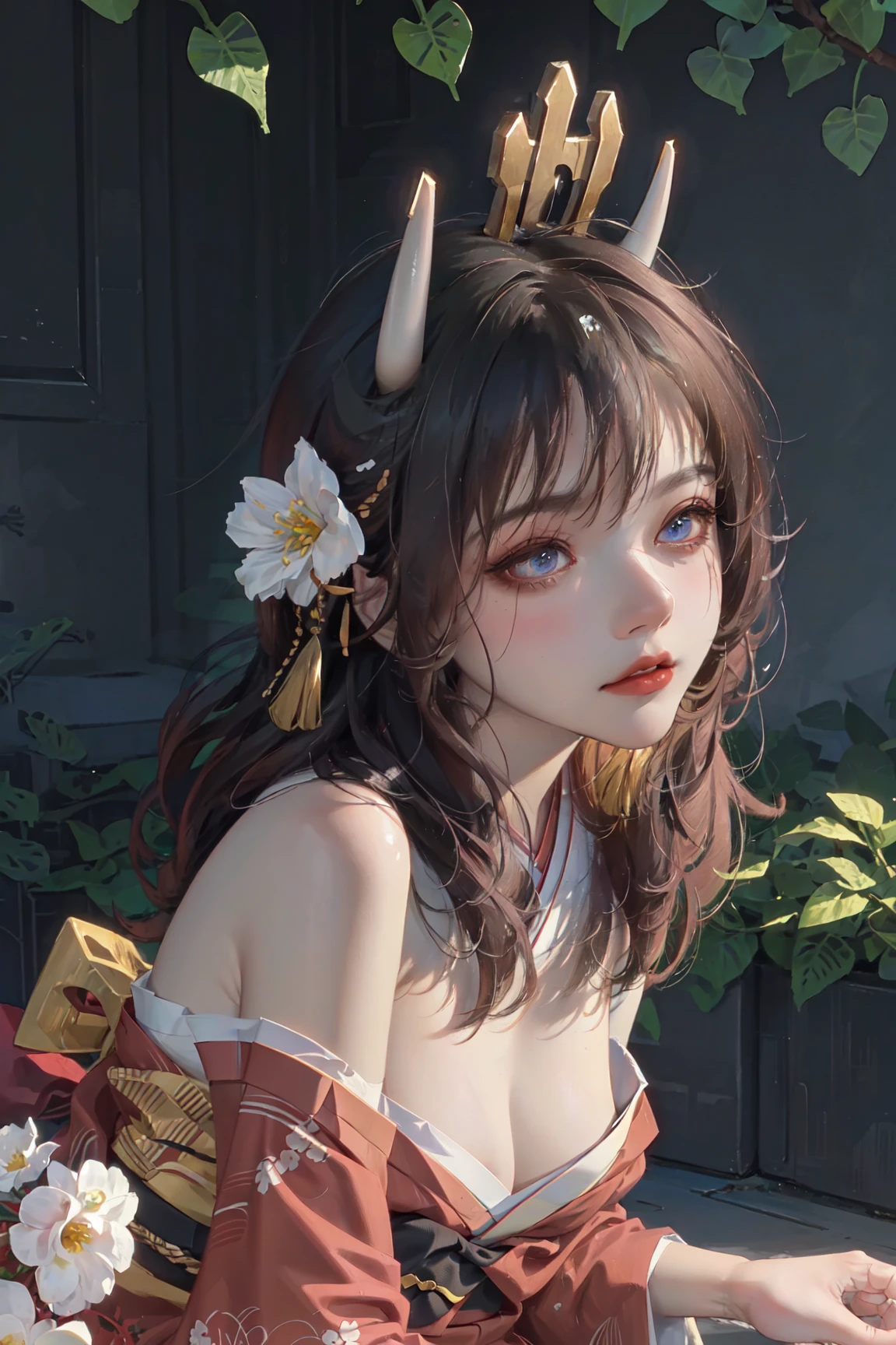 (masterpiece:1.3), (best quality:1.1), ((1girl)), ((solo)), (finely detailed eyes and detailed face:1.3), (beautiful and clear background:1.2), (extremely detailed CG, ultra-detailed, best shadow:1.1), ((depth of field)), ((watercolor)), (oni:1.5), (kimono:1.3), large breasts, bare shoulders, flowers and petals, beautiful concept illustration, (white background:0.5), (illustration:1.1), (extremely fine and beautiful:1.1), (perfect details:1.1), from side, cowboy shot,, An unparalleled masterpiece, a surreal 8K, a perfect work of art, super detailed, best quality, masterpiece 4K wallpapers, aesthetics, masterpieces, award winning works, official art, light in the face, cinematic lighting.