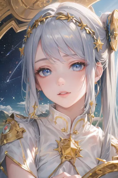 (masterpiece, sidelighting, finely detailed beautiful eyes: 1.2), masterpiece*portrait, realistic, 3d face, lustrous skin, sky, stars, space, white dress,