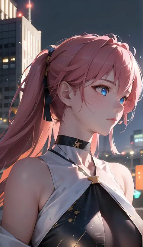 1 girl, front view, golden ratio, golden ratio face, streetwear clothes, hazel eye color, pink hair, choker, choker on neck,  <lora:beautifuleyeslikeness_halfBody:0.4> , subsurface skin,(masterpiece), best quality, absurdres, high resolution, 32k, surreal, hyper realistic, intristic, [:intricate details:0.2], high details, natural lighting, realistic lighting, realistic proportions, realistic eyes, dynamic pose, extreme details, sharp focus, realistic anatomy, ultra-high resolution, photorealistic, 8k, realistic pupils, realistic proportion eyes, realistic proportions pupils, realistic shadows, subsurface scattering, rtx, ray tracing, dynamic lighting, cinematic lighting, soft shadows, global illumination, half body, upper body, upper-body, neon rimlighting, cyberpunk neon environment, japanese theme, particles, milky way, galaxy, night, night sky, planet, light particles, outdoors, earth_(planet), city lights, motion blur