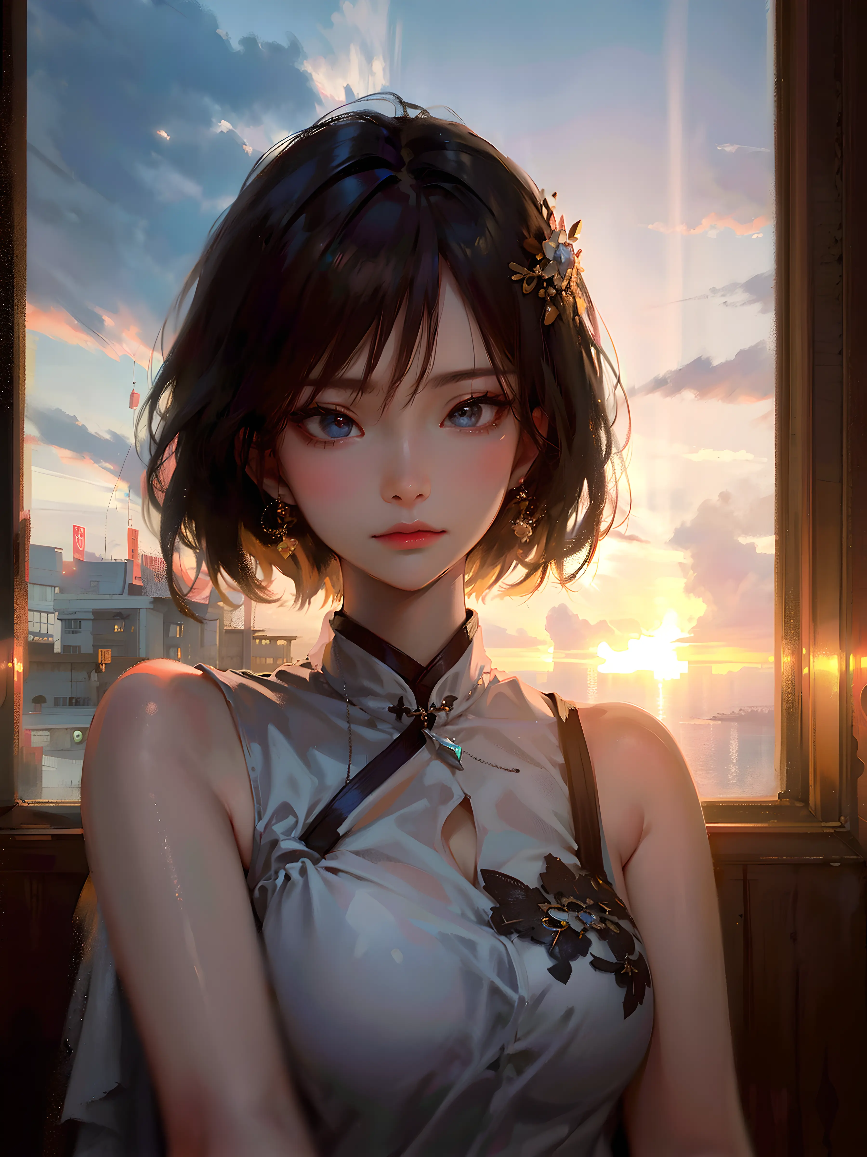 (RAW photo, best quality), (realistic, photo-realistic:1.2), masterpiece, an extremely delicate and beautiful, girl, extremely detailed, CG, unity , 2k wallpaper, Amazing, finely detail, light smile, extremely detailed CG unity 8k wallpaper, huge filesize, ultra-detailed, highres, absurdres, soft light, ((short hair:1.3), short bang, brown hair)), jewelry hair ornament, detailed hair ornament, beautiful detailed girl, detailed fingers, (angry eyes), sleepy expression, extremely detailed eyes and face, light rays from windows, reflective surface, beautiful detailed nose, beautiful detailed eyes, long eyelashes, light on face, (closed mouth), 1girl, cute, young, mature face, small breasts, realistic body, (ulzzang-6500-v1.1:0.9), ru_qun, ancient chinese background, <lora:koreanDollLikeness_v20:0.7>, <lora:taiwanDollLikeness_v15:0.3>, wide shot,