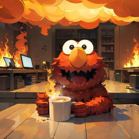 (masterpiece, best quality, 2D illustration, 2D, best of artstation),(1 Elmo muppet, muppet, Elmo, red fur:1.1), sitting behind a desk, Elmo as a programmer, soft round yellow, computer screen with many errors, mac pro computer, (everything is on fire, one coffee cup is on fire,the room is on fire, chaos in the background, thick smoke clouds collecting on the ceiling,huge flames:1.2), Elmo is holding his flaming coffee cup with two hands, (furry arms:1.3)