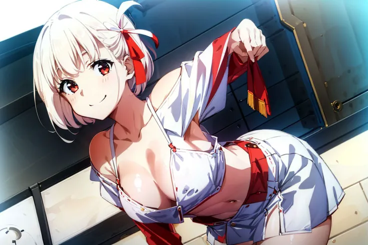 masterpiece, best quality,1girl, solo, bangs, left hair ribbon, (small breasts:1.4), red eyes, short hair, smile, solo, white hair, (Strapless:1.1), (off-the-shoulder:1.1), (cowboy shot:1.2), <hypernet:lycorisRecoil_chisato10:0.8>, city, (uniform:1.2), (partially_unbuttoned:1.1), (Externally expanded Chest:1.2), skirt, (bent over:1.2),