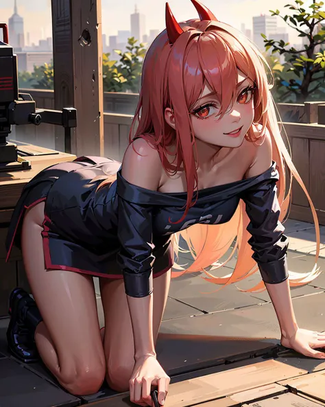 masterpiece, highly detailed, Best quality, ultra high res, 1girl,  <lora:[P]-Power:0.8>, (76-1Shirt:1.2),  horns, long hair, looking at viewer, medium breasts,  outdoor, power (chainsaw man), Strapless, smile, bent over, 76 shirt