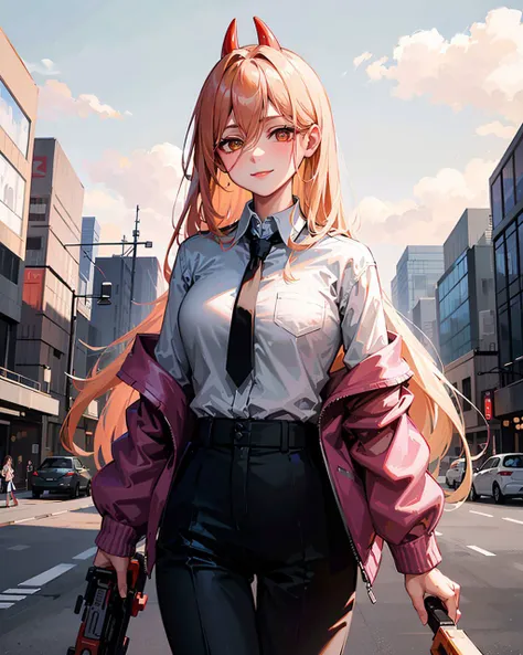 masterpiece, highly detailed, Best quality, ultra high res, 1girl,  <lora:[P]-Power:0.8>,  horns, long hair, looking at viewer, medium breasts,  outdoor, power (chainsaw man), day, cowboy shot,  blush, smile, black necktie, blue jacket, pants, demon horns, cross-shaped pupils, collared shirt, hair between eyes, black pants, (off-the-shoulder:1.3), (partially_unbuttoned:1.2), white shirt