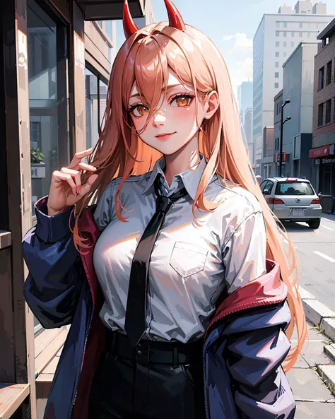 masterpiece, highly detailed, Best quality, ultra high res, 1girl,  <lora:[P]-Power:0.8>,  horns, long hair, looking at viewer, medium breasts,  outdoor, power (chainsaw man), day, cowboy shot,  blush, smile, black necktie, blue jacket, pants, demon horns, cross-shaped pupils, collared shirt, hair between eyes, black pants, (off-the-shoulder:1.3), (partially_unbuttoned:1.2), white shirt