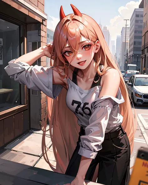 masterpiece, highly detailed, Best quality, ultra high res, 1girl,  <lora:[P]-Power:0.8>, (76-1Shirt:1.2),  horns, long hair, looking at viewer, medium breasts,  outdoor, power (chainsaw man), Strapless, smile, bent over, 76 shirt, day