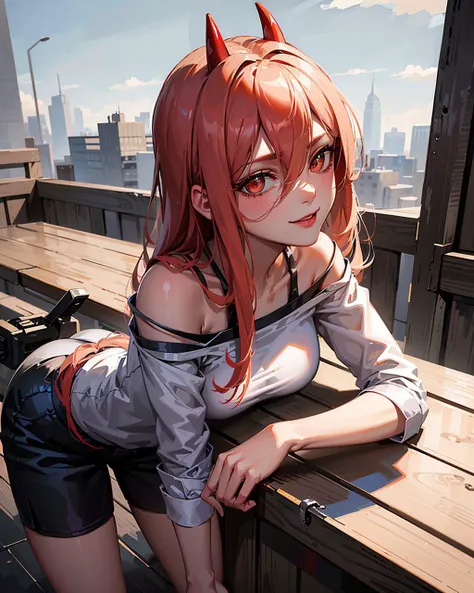 masterpiece, highly detailed, Best quality, ultra high res, 1girl,  <lora:[P]-Power:0.8>, (76-1Shirt:1.2),  horns, long hair, looking at viewer, medium breasts,  outdoor, power (chainsaw man), Strapless, smile, bent over, 76 shirt, day