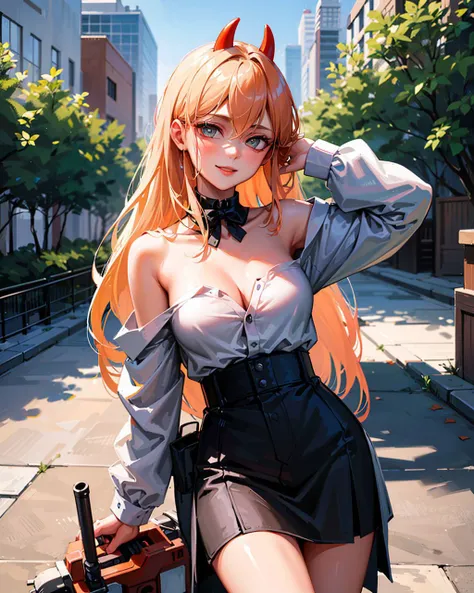 masterpiece, highly detailed, Best quality, ultra high res, 1girl,  <lora:[P]-Power:0.8>,  horns, long hair, looking at viewer, medium breasts,  outdoor, power (chainsaw man), Strapless, smile, bent over,  day, off-the-shoulder, random shirt, cowboy shot,  partially_unbuttoned,