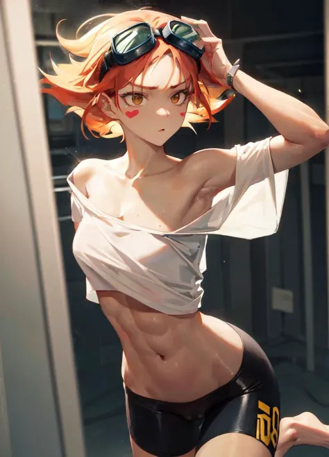 Edward, Goggles
tan skin, tomboy, midriff, orange hair, (loose shirt, off shoulder:1.2), spiked hair, barefoot, bike shorts, (cameltoe:1.2), brown eyes, goggles on head, blush stickers, Muscular, (shirt is white:1.4), (shorts are black:1.4)
scifi background,
,(insanely detailed, beautiful detailed face, masterpiece, best quality) <lora:Edward-03:1> volumetric lighting, best quality, masterpiece, intricate details, tonemapping, sharp focus, hyper detailed <lora:Muscle:1> ,