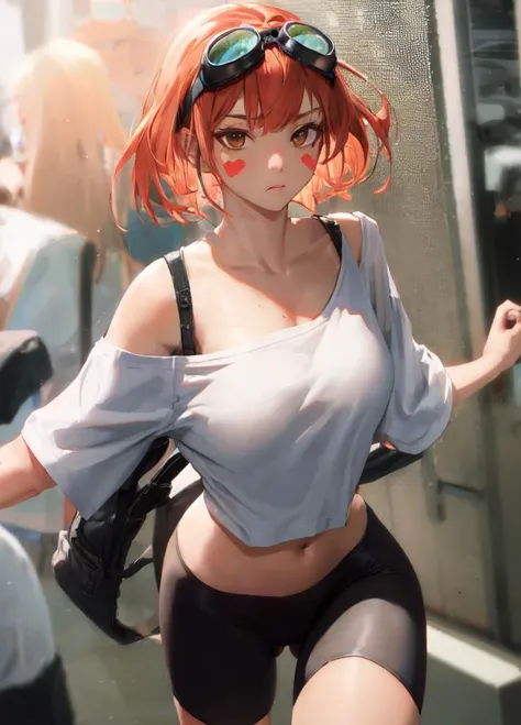 Edward, Goggles
tan skin, tomboy, midriff, orange hair, (loose shirt, off shoulder:1.2), spiked hair, barefoot, bike shorts, (cameltoe:1.2), brown eyes, goggles on head, blush stickers, Muscular, (shirt is white:1.4), (shorts are black:1.4)
scifi background,
,(insanely detailed, beautiful detailed face, masterpiece, best quality) <lora:Edward-03:1> volumetric lighting, best quality, masterpiece, intricate details, tonemapping, sharp focus, hyper detailed <lora:Muscle:1>