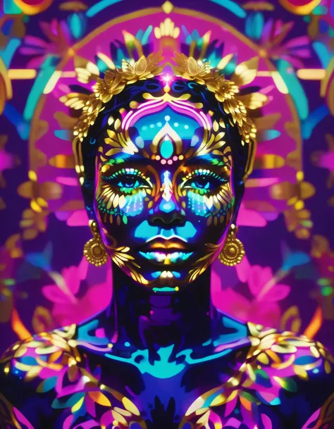 neon style, ornate portrait, gold skin, abstract symmetrical art