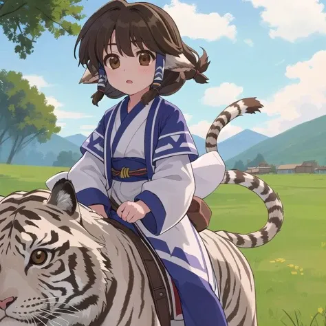 masterpiece,ultra detail,best quality,1girl,1animal,outdoor,strong wind,cloud,deserted village,aruruu, black hair, animal ears, (brown eyes:1.5), dog ears,
<lora:utawarerumono aruruu-lora-nochekaiser:0.7>tail, ainu clothes, long sleeves,riding on white tiger