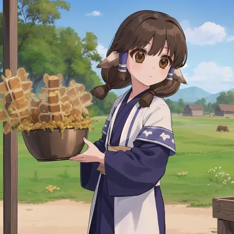 masterpiece,ultra detail,best quality,1girl,1animal,outdoor,petite,cloud,deserted village,aruruu, black hair, animal ears, (brown eyes:1.5), dog ears, <lora:utawarerumono aruruu-lora-nochekaiser:0.7> ainu clothes, long sleeves,holding honeycomb,honey