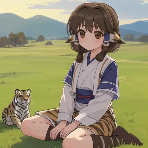 masterpiece,ultra detail,best quality,1girl,1animal,outdoor,petite,cloud,deserted village,aruruu, black hair, animal ears, (brown eyes:1.5), dog ears, <lora:utawarerumono aruruu-lora-nochekaiser:0.7> ainu clothes, long sleeves,sitting on dry grass,(holding silvertiger),