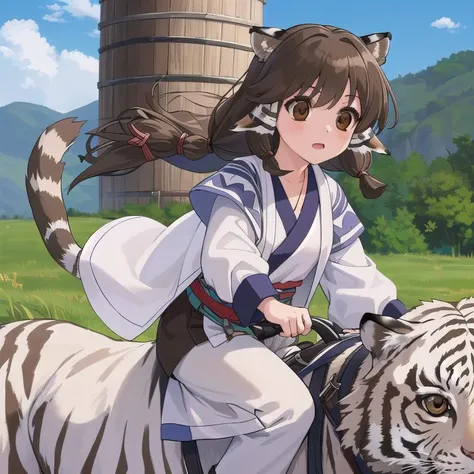 masterpiece,ultra detail,best quality,1girl,1animal,outdoor,strong wind,cloud,deserted village,aruruu, black hair, animal ears, (brown eyes:1.5), dog ears,
 <lora:utawarerumono aruruu-lora-nochekaiser:0.7> ainu clothes, long sleeves,riding on white tiger