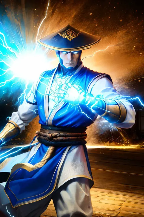 raiden, male,wearing brown headwear, jingasa,white eyes, arm guards, amulet, beads, white shirt, long sleeves, blue vestments, serious, glowing aura,
standing, blue electricity, simple background, extremely detailed, HDR, <lora:Raiden:.8>