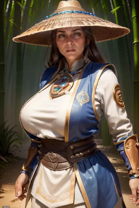 ((masterpiece)), ((best quality)), (ultra-detailed), absurdres, extremely detailed CG unity 8k wallpaper, Official Art, Accurate describe shapes, beautiful face, detailed hands, expressive eyes, upper body, looking at viewer, solo, (realistic), cowboy shot, (standing, arm at side, serious:1.2), (bamboo forest, dramatic light, thunder surrounds, thunder chain, scenery, illustration:1.1), (1girl, mature female, huge breasts, wide hips, curvy, glowing eyes:1.4), (brown headwear, jingasa, amulet, beads, fingerless robe, arm guards, white shirt, white pants, long sleeves, blue vestments:1.3), ((masterpiece)), absurdres, HDR, raiden (mortal kombat), <lora:epi_noiseoffset2:0.8> <lora:GoodHands-vanilla:1> <lora:Raiden:0.7>