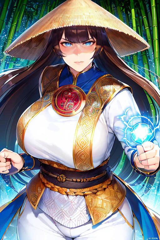 ((masterpiece)), ((best quality)), (ultra-detailed), absurdres, extremely detailed CG unity 8k wallpaper, Official Art, Accurate describe shapes, beautiful face, detailed hands, expressive eyes, upper body, looking at viewer, solo, (realistic), cowboy shot, (standing, fighting stance, casting spell, thunder spell, serious:1.2), (bamboo forest, dramatic light, thunder surrounds, thunder chain, scenery, illustration:1.1), (1girl, mature female, huge breasts, wide hips, curvy, glowing eyes:1.4), (brown headwear, jingasa, amulet, beads, fingerless robe, arm guards, white shirt, white pants, long sleeves, blue vestments:1.3), ((masterpiece)), absurdres, HDR, raiden (mortal kombat), <lora:epi_noiseoffset2:0.8> <lora:GoodHands-vanilla:1> <lora:Raiden-10:0.7>