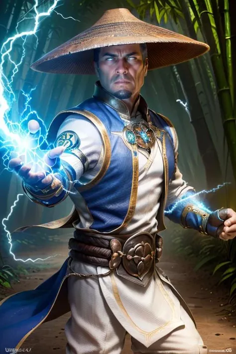((masterpiece)), ((best quality)), (ultra-detailed), absurdres, extremely detailed CG unity 8k wallpaper, Official Art, Accurate describe shapes, beautiful face, detailed hands, expressive eyes, upper body, looking at viewer, solo, (realistic), (cowboy shot, from side), (standing, fighting stance, casting spell, thunder spell, serious:1.2), (bamboo forest, dramatic light, thunder surrounds, thunder chain, scenery, illustration:1.1), (1boy, mature male, muscular male, glowing eyes:1.4), (brown headwear, jingasa, amulet, beads, fingerless robe, arm guards, white shirt, white pants, long sleeves, blue vestments:1.3), ((masterpiece)), absurdres, HDR, raiden (mortal kombat), <lora:epi_noiseoffset2:0.8> <lora:GoodHands-vanilla:1> <lora:Raiden:0.7>