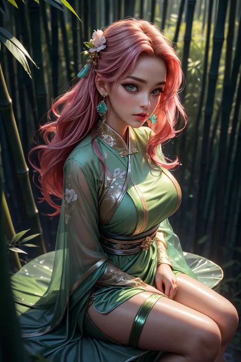 (ultra realistic,32k,RAW photo:1.1),(high detailed skin:1.1), 8k uhd, dslr, high quality, film grain, (makeup, mascara:1.1), lips,(thick\lips\),
(shiny glossy translucent clothing:1.1), 1girl,pink hair, long hair,(aqua eyes:0.9), <lora:md2:0.7>bamboo forest,chinese clothes,hair ornament,long sleeves,earrings,jewelry,green dress,, <lora:add_detail:0.99>, huge breast, (upper body:1.1),
(looking at viewer, sitting, from above:1.1),,
(busty:1.1) , (chubby:0.1),(glowwave:1.2), <lora:LowRA:0.4>, dark theme A place with a lot of glass details in silver and gold