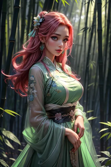 (ultra realistic,32k,RAW photo:1.1),(high detailed skin:1.1), 8k uhd, dslr, high quality, film grain, (makeup, mascara:1.1), lips,(thick\lips\),
(shiny glossy translucent clothing:1.1), 1girl,pink hair, long hair,(aqua eyes:0.9), <lora:md2:0.7>bamboo forest,chinese clothes,hair ornament,long sleeves,earrings,jewelry,green dress,, <lora:add_detail:0.96>, huge breast, (upper body:1.1),
(looking at viewer, standing from below:1.1),,
(busty:1.1) , (chubby:0.1),(bioluminiscent:1.2), <lora:LowRA:0.4>, dark theme A place with a very vast nature with big trees and lots of vegetation