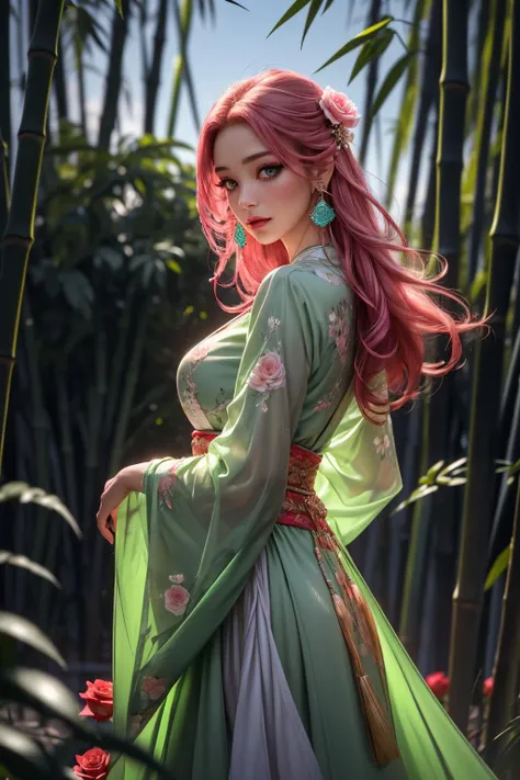 (ultra realistic,32k,RAW photo:1.1),(high detailed skin:1.1), 8k uhd, dslr, high quality, film grain, (makeup, mascara:1.1), lips,(thick\lips\),
(shiny glossy translucent clothing:1.1), 1girl,pink hair, long hair,(aqua eyes:0.9), <lora:md2:0.7>bamboo forest,chinese clothes,hair ornament,long sleeves,earrings,jewelry,green dress,, <lora:add_detail:0.75>, huge breast, (upper body:1.1),
(looking at viewer, standing from below:1.1),,
(busty:1.1) , (chubby:0.1),(beautifully lit:1.2), <lora:LowRA:0.4>, dark theme Rose Garden, Flowers, fountain
