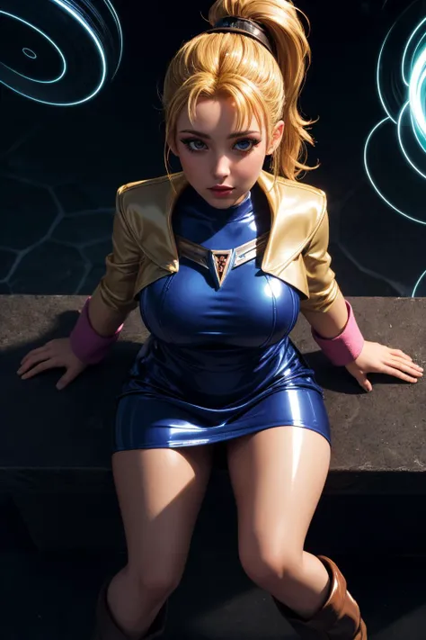 (ultra realistic,32k,RAW photo:1.1),(high detailed skin:1.1), 8k uhd, dslr, high quality, film grain, (makeup, mascara:1.1), lips,(thick\lips\),
(shiny glossy translucent clothing:1.1), <lora:krile ff5:0.7>krile ff5,blonde hair, ponytail hair, (blue eyes:0.8),jacket,blue dress,boots, <lora:add_detail:0.89>, huge breast,
(looking at viewer, sitting, from above:1.1),,
(busty:1.1) , (chubby:0.1),(glowwave:1.1),<lora:LowRA:0.4>, dark theme, A dark and evil land