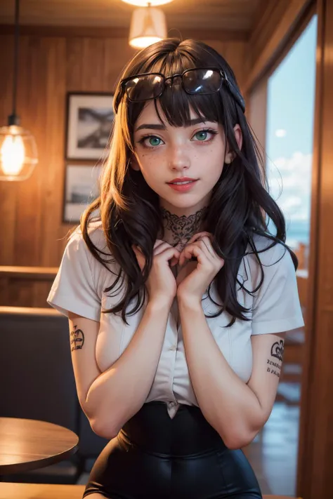 sexy, (detailed eyes), (detailed face), beautiful lady, (pov sitting across table:1.1), looking at viewer, sexy verdant dress, skin tight red, dress, blush, (naughty) (naughty smile:0.9), emerald eyes, blonde hair, (smiling:0.9)
(mystical tattoo:0.9), (neck tattoo), ((narrow waist)), skinny, thin, (fit body:1.1), (perfect proportions:0.8), (perfect anatomy:0.8), red lipstick,
(cowboy shot:1.1),
(shiny skin)
<lora:kanamori:0.8> kanamori, 1girl, freckles, solo, eyewear on head, looking at viewer, serafuku,, sanpaku, school uniform
BREAK,
good hands, detailed hands, anatomical hands,
(beautiful composition:1.1), masterpiece, fantasy, sexy, petite, soft glow, polished, clean image, <lora:epi_noiseoffset2:1> gorgeous, stunning, triadic colors, high contrast, Vivid color, dark,
<lora:CONCEPT_pov_dating_ownwaifu:1> (concept_pov_dating_ownwaifu:1.1), www.ownwaifu.com, 1girl, solo, looking at viewer, breasts, sitting at table <lora:more_details:0.2>, perfect teeth,  overlooking beautiful tropical island beach view, (volumetric lighting), (dynamic lighiting), godrays, Rembrandt lighting, real shadows, intricate detail, photorealistic, photograph, photo, dlsr, Fuji Film, extremely high detail, detailed skin texture, (blush:0.2), (goosebumps:0.3), subsurface scattering