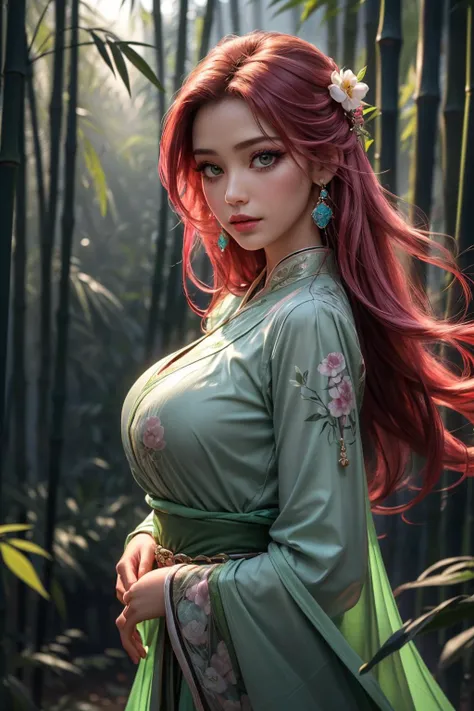 (ultra realistic,32k,RAW photo:1.1),(high detailed skin:1.1), 8k uhd, dslr, high quality, film grain, (makeup, mascara:1.1), lips,(thick\lips\),
(shiny glossy translucent clothing:1.1), 1girl,pink hair, long hair,(aqua eyes:0.9), <lora:md2:0.7>bamboo forest,chinese clothes,hair ornament,long sleeves,earrings,jewelry,green dress,, <lora:add_detail:0.86>, huge breast, (upper body:1.1),
selfie posing,
(busty:1.1) , (chubby:0.1),(dynamic lighting:1.2), <lora:LowRA:0.4>, dark theme blank background