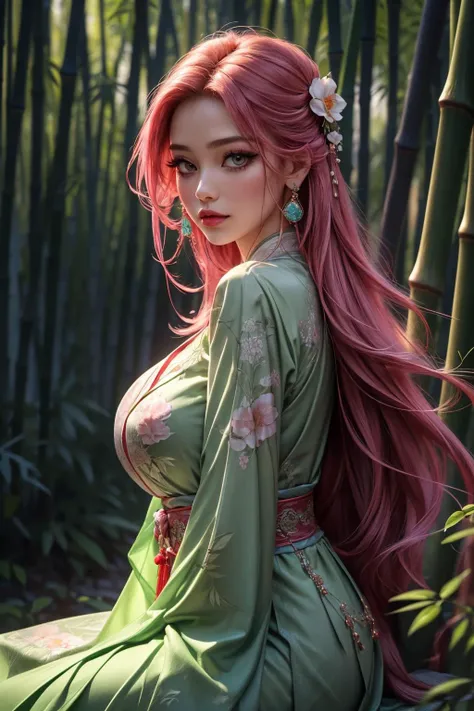 (ultra realistic,32k,RAW photo:1.1),(high detailed skin:1.1), 8k uhd, dslr, high quality, film grain, (makeup, mascara:1.1), lips,(thick\lips\),
(shiny glossy translucent clothing:1.1), 1girl,pink hair, long hair,(aqua eyes:0.9), <lora:md2:0.7>bamboo forest,chinese clothes,hair ornament,long sleeves,earrings,jewelry,green dress,, <lora:add_detail:0.85>, huge breast, (upper body:1.1),
(looking at viewer, sitting:1.1),,
(busty:1.1) , (chubby:0.1),(beautifully lit:1.2), <lora:LowRA:0.4>, dark theme blank background
