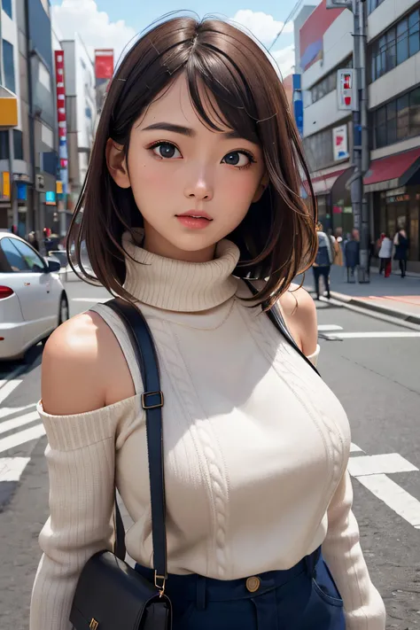 (huge titãTurtleneck knitwearãShoulder Bag)ã(top-quality,âmasterpiece:1.3,è¶
A high resolution,),(ultra-detailliert,Caustics),(Photorealsitic:1.4,RAW shooting,)Ultra-realistic capture,A highly detailed,high-definition16Kfor human skinã Skin texture is naturalããThe skin looks healthy with an even toneã Use natural light and color,One Woman,japanes,,kawaii,A dark-haired,Middle hair,(depth of fieldsãchromatic abberationããWide range of lightingãNatural Shadingã)ã(Hair swaying in the wind:1.2)ãStreets of Tokyo