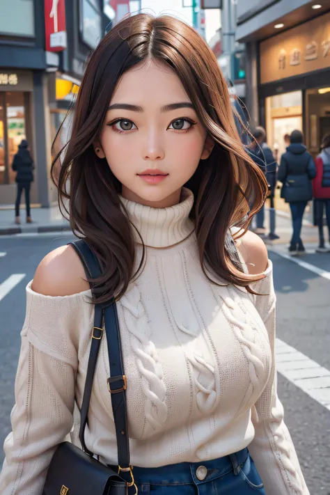 (huge titãTurtleneck knitwearãShoulder Bag)ã(top-quality,âmasterpiece:1.3,è¶
A high resolution,),(ultra-detailliert,Caustics),(Photorealsitic:1.4,RAW shooting,)Ultra-realistic capture,A highly detailed,high-definition16Kfor human skinã Skin texture is naturalããThe skin looks healthy with an even toneã Use natural light and color,One Woman,japanes,,kawaii,A dark-haired,Middle hair,(depth of fieldsãchromatic abberationããWide range of lightingãNatural Shadingã)ã(Hair swaying in the wind:1.2)ãStreets of Tokyo