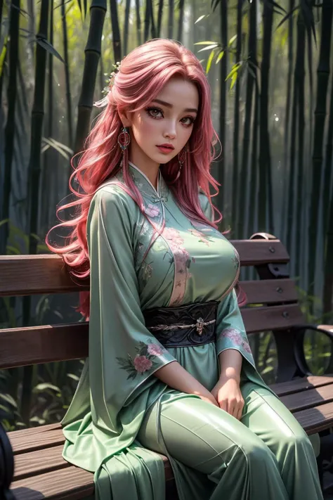 (ultra realistic,32k,RAW photo:1.1),(high detailed skin:1.1), 8k uhd, dslr, high quality, film grain, (makeup, mascara:1.1), lips,(thick\lips\),
(shiny glossy translucent clothing:1.1), 1girl,pink hair, long hair,(aqua eyes:0.9), <lora:md2:0.7>bamboo forest,chinese clothes,hair ornament,long sleeves,earrings,jewelry,green dress,, <lora:add_detail:0.9>, huge breast, (upper body:1.1),
(looking at viewer, sitting:1.1),,
(busty:1.1) , (chubby:0.1),(refraction:1.2), <lora:LowRA:0.4>, dark theme park bench, shaded spot, scenic view, relaxation