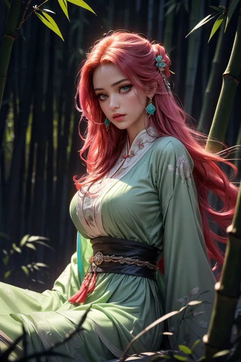 (ultra realistic,32k,RAW photo:1.1),(high detailed skin:1.1), 8k uhd, dslr, high quality, film grain, (makeup, mascara:1.1), lips,(thick\lips\),
(shiny glossy translucent clothing:1.1), 1girl,pink hair, long hair,(aqua eyes:0.9), <lora:md2:0.7>bamboo forest,chinese clothes,hair ornament,long sleeves,earrings,jewelry,green dress,, <lora:add_detail:0.92>, huge breast, (upper body:1.1),
(looking at viewer, sitting from below:1.1),,
(busty:1.1) , (chubby:0.1),(moody lighting:1.2), <lora:LowRA:0.4>, dark theme gravity manipulation facility, altering gravitational forces, anti-gravity experiments, space-time distortion
