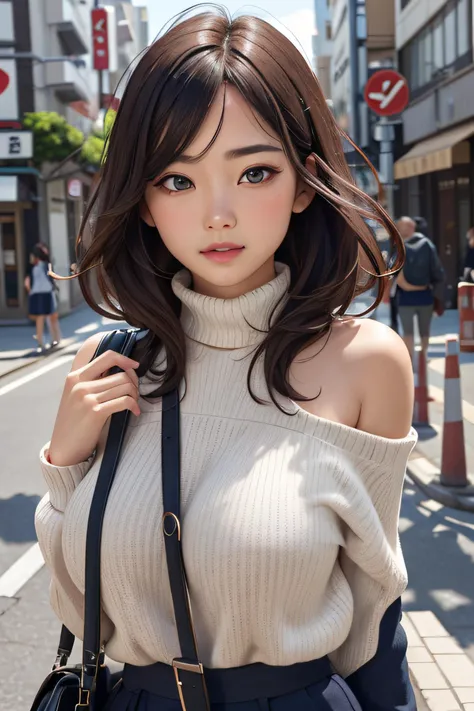 (huge titãTurtleneck knitwearãShoulder Bag)ã(top-quality,âmasterpiece:1.3,è¶
A high resolution,),(ultra-detailliert,Caustics),(Photorealsitic:1.4,RAW shooting,)Ultra-realistic capture,A highly detailed,high-definition16Kfor human skinã Skin texture is naturalããThe skin looks healthy with an even toneã Use natural light and color,One Woman,japanes,,kawaii,A dark-haired,Middle hair,(depth of fieldsãchromatic abberationããWide range of lightingãNatural Shadingã)ã(Hair swaying in the wind:1.2)ãStreets of Tokyo