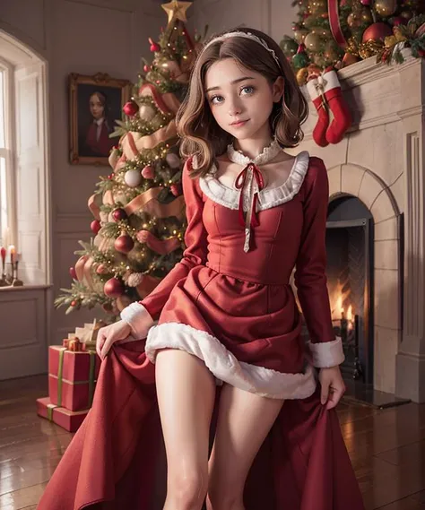 RAW, 50mm f 1.2, full body photograph or gorgeous fit, thin  n4t4l14d, face ,   wearing a red Victorian dress posing in front of ((Christmas tree)) in large Victorian Room, fireplace, eye contact, flirty smile, hyperdetailed 
<lora:n4t4l14d:1>