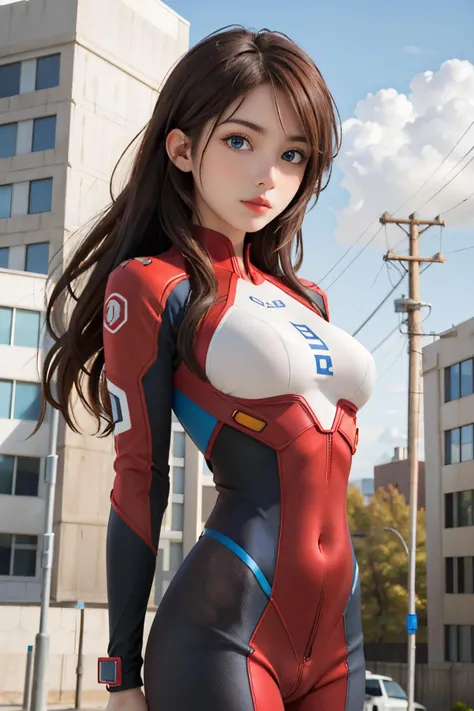 1girl, blue_eyes, blue_sky, bodysuit, breasts, brown_hair, building, cloud, cloudy_sky, covered_navel, day, lips, long_hair, looking_at_viewer, medium_breasts, multicolored_clothes, outdoors, plugsuit, power_lines, realistic, red_bodysuit, shiny, sky, solo, souryuu_asuka_langley, standing, <lora:sweetyMixGirl_V2:0.8>