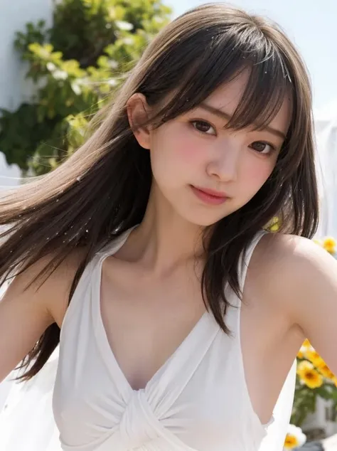 nsfw, upper body, slender pale 1girl, <lora:naiopi2:0.8> , long hair, split bang, wear togas, spin, dance, out door, lots of flower, back light, wide angle, close up , at Mykonos , look at viewer