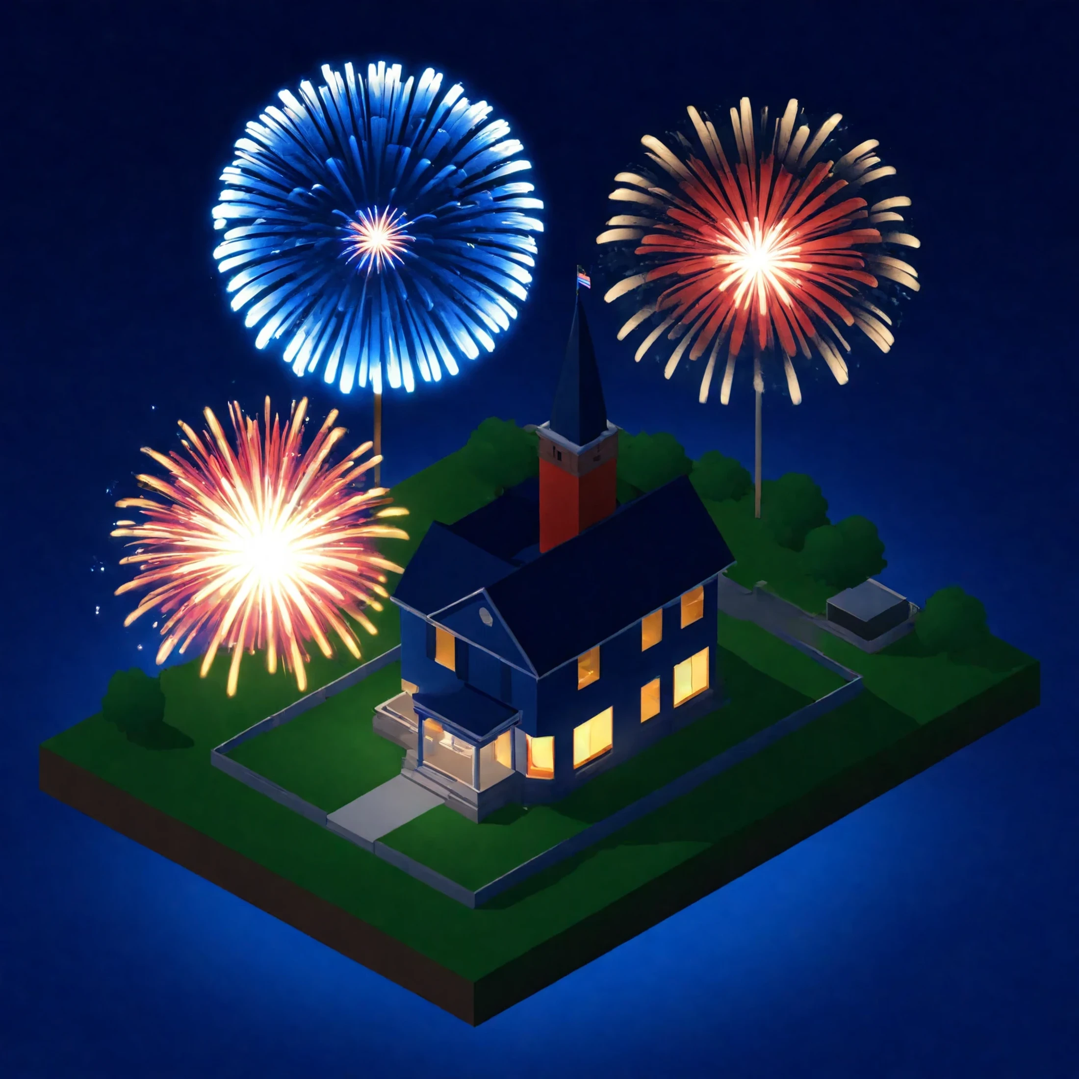 isty04 style. isometric <lora:isometric_isty04_style:1>
real life
Small town and Fourth of July fireworks, Blue background,
detailed, professional, slick, 3d, unreal engine, render, ray tracing,
high quality, masterpiece, highres,