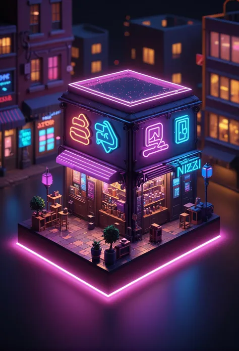 cinematic film still of (tiny and cute isometric scene of nxzskzt, neon, 3d, octane render, neon lighting, neon theme, 3d scene), Pastel Goth aesthetic, holographic colors, stunning background. dark and moody, a mesmerizing blend of light and shadow. masterpiece, absurdres, intricate details <lora:Midjourney_Isometric:0.8>, shallow depth of field, vignette, highly detailed, high budget, bokeh, cinemascope, moody, epic, gorgeous, film grain, grainy