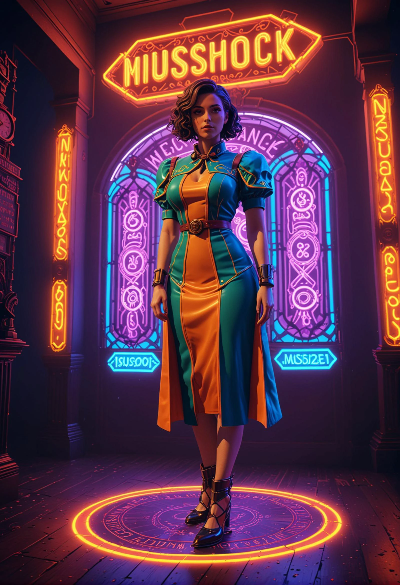(3d scene of nxzskzt, neon, 3d, octane render, neon lighting, neon theme), Vibrant Academia aesthetic, a stunning Nevisian woman BioShock style, bright colors, stunning background. warm and bright sunlight, a mesmerizing blend of light and shadow. masterpiece, absurdres, intricate details <lora:Midjourney_Isometric:0.8>