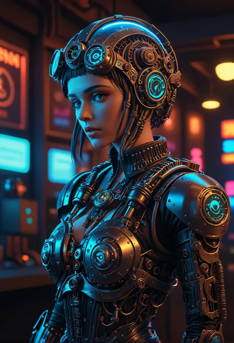 cinematic film still of (3d scene of nxzskzt, neon, 3d, octane render, neon lighting, neon theme), Neon Punk aesthetic, a beautiful mechanical android with clockwork, steampunk, holographic colors, stunning background. dark and moody, a mesmerizing blend of light and shadow. masterpiece, absurdres, intricate details <lora:Midjourney_Isometric:0.8>, shallow depth of field, vignette, highly detailed, high budget, bokeh, cinemascope, moody, epic, gorgeous, film grain, grainy