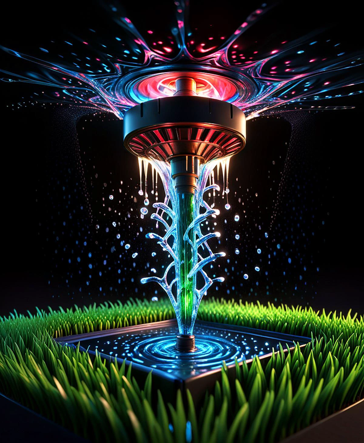 hdr, (extremely detailed), from below, box of lawn sprinkler sprays, solid black background, 8k, UHD, red chrome, vibrant, 3d, isometric view, octane render, isometric miniature, 3d scene, cinematic lighting, masterpiece, best quality,