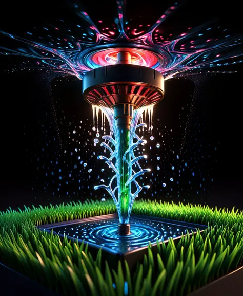 hdr, (extremely detailed), from below, box of lawn sprinkler sprays, solid black background, 8k, UHD, red chrome, vibrant, 3d, isometric view, octane render, isometric miniature, 3d scene, cinematic lighting, masterpiece, best quality,